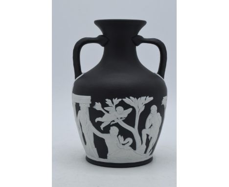 Wedgwood 20th century Black Jasperware Portland Vase, 15cm tall, impressed date mark for 1989.  In good condition with no obv