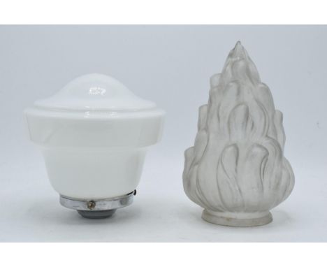 Art Deco opaline glass light shade with original chrome gallery together with another Art Deco shade (gallery fits both shade