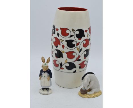 Crown Ducal red and black floral vase on a cream background (af) together with Royal Doulton Nurse Bunnykins DB74 and Eeyore'