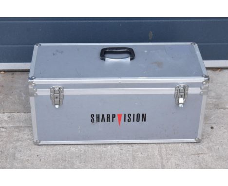 Sharp Vision sturdy box together with contents for woodworking to include belt, plane, mallet and other useful tools.  