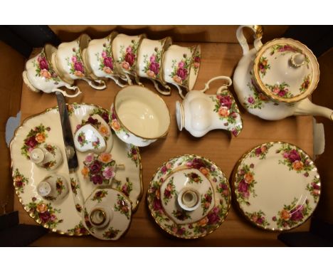 Royal Albert Old Country Roses to include medium teapot, 6 cups, 6 saucers, 6 side plates, cruets, cake plate, milk and sugar