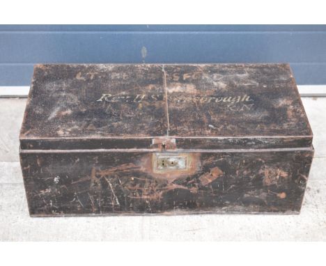 Early to mid 20th century metal painted trunk / box with previous owner's names to top, 71 x 38 x 30cm tall.  