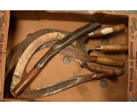 A collection of vintage scythes and similar tools to include branded examples (collection only).  