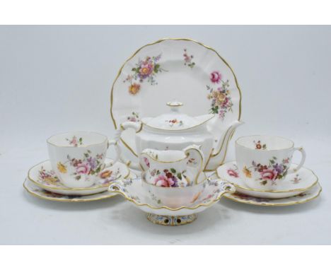 Royal Crown Derby tea service in the Derby Posies pattern to include a teapot, 2 trios, cake plate, milk and sugar and a simi