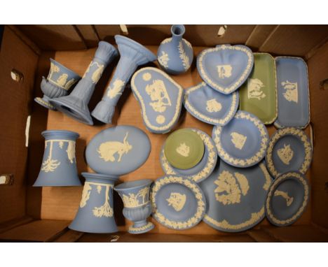 Wedgwood Jasperware to include candlesticks, oval plaque, vases, pin dishes and others in blue and sage green colours (Qty). 