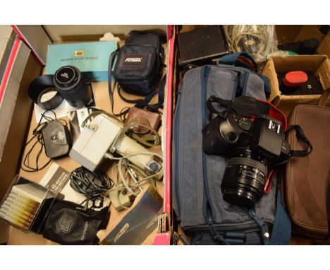 A mixed collection of cameras and accessories to include Canon EOS 750 camera with cover, cary bag and Sigma lens, Kodk Six 2