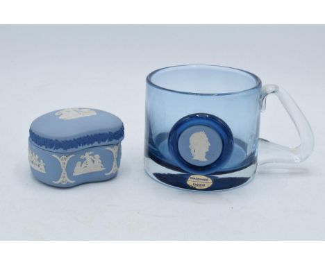 Wedgwood blue glass with Jasperware cameo insert together with tri-colour trinket (2).  In good condition with no obvious dam