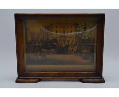 Vintage wooden cased print of The Ace Brighton Coach at The Bull and Mouth, Regent Circus Piccadilly with fitted Smiths clock