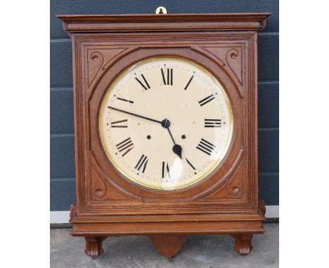 20th century wooden cased wall clock, in the style of Seth Thomas, with key and pendulum. 58cm long.  