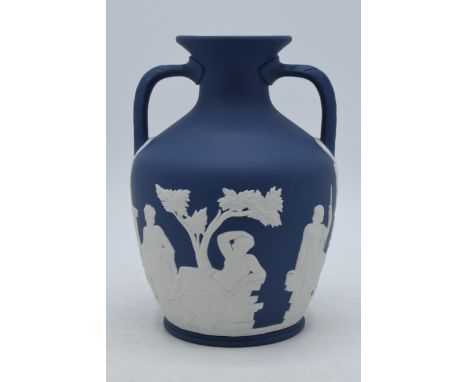 Wedgwood 20th century Dark Blue Jasperware Portland Vase, 15cm tall, impressed date mark for 1973.  In good condition with no