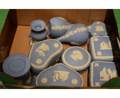 Wedgwood blue Jasperware to include trinket dishes and vases (10).  Condition generally good though minor damages may be pres