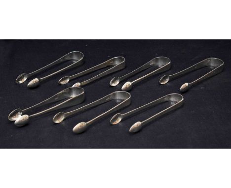 Seven pairs of George III silver sugar tongs, various sponsors' marks to include Richard Ferris, Stephen Adams, Edward Lees, 