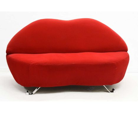 Mae West Lips-style sofa, the original after Salvador Dalí and Edward James, upholstered in red velvet fabric, 156cm (seats w