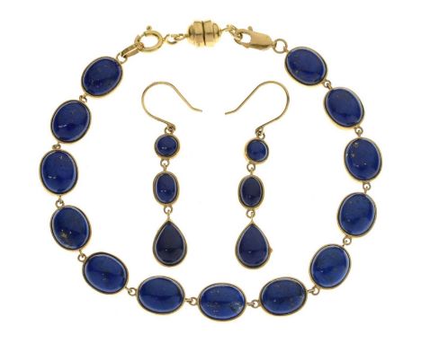 Lapis lazuli 9ct gold bracelet, 20cm long approx, attached magnetic clasp, and a pair of lapis lazuli 9ct gold drop earrings,