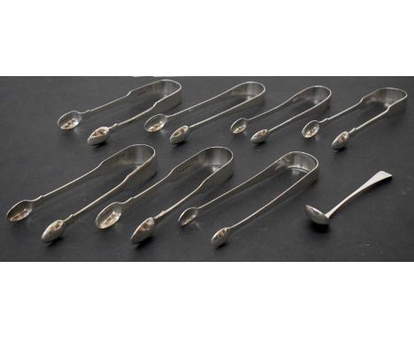 Seven pairs of George III silver sugar tongs, various sponsors' marks to include Edward Lees, George Day, Timothy Dickes, Tho