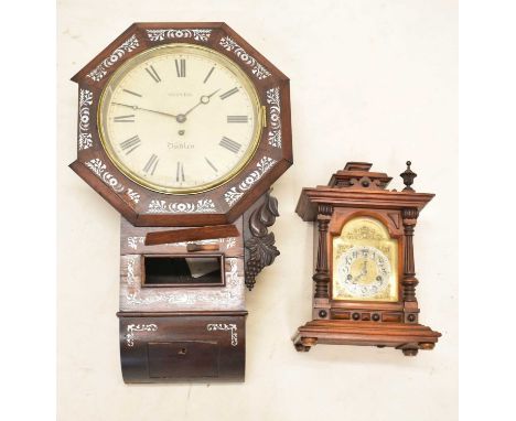 19th century mother-of-pearl inlaid rosewood drop dial single fusee wall clock, Reiner, Dudley, the cream painted Roman dial 
