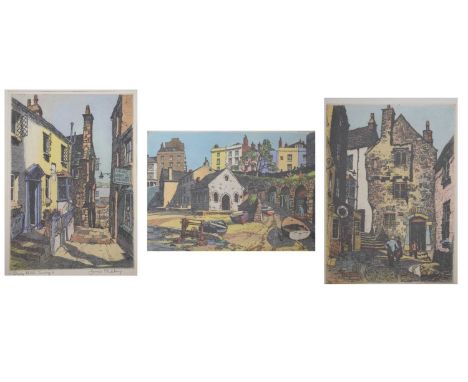 James Priddy (1916-1980) - Coloured etching - Quay Hill Tenby, together with another, 31cm x 23cm and smaller, both framed un