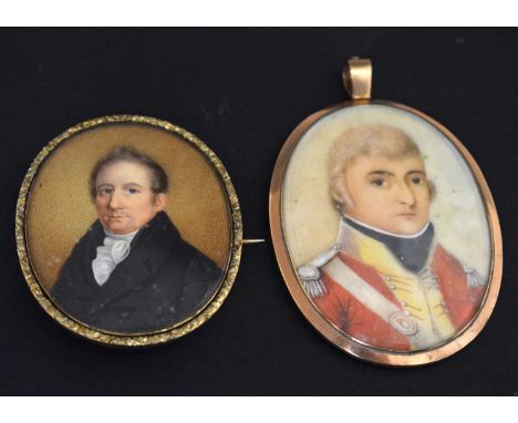 Two 19th century oval portrait miniatures on ivory - Gentleman in a high collar jacket with white neck tie, 5.5cm x 4.5cm, in