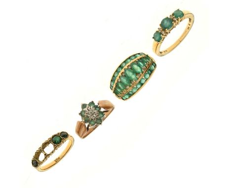 Four 9ct gold gem-set rings, each set with emerald-green coloured stones, 11.3g gross approx (one a/f, stones missing) (4)