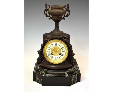 Late 19th century French verde antico marble and spelter mantel clock, with cream chapter ring Roman dial, signed A.D. Mougin