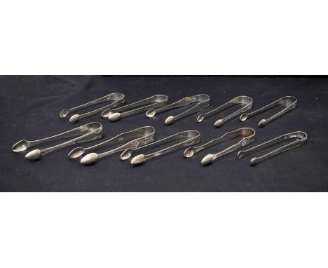 Ten pairs of George III silver sugar tongs each with bright-cut decoration, various sponsors' marks to include John Lambe, Th