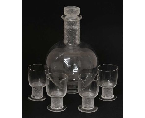 René Lalique (1860-1945) – ‘Chinon’ clear and frosted glass decanter, introduced 1930, the side of the stopper and neck of th