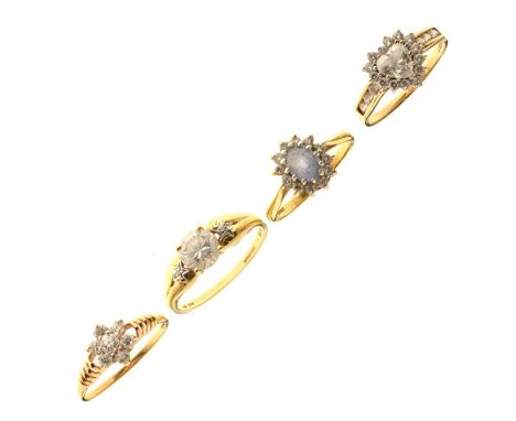 Four gem-set dress rings, comprising a sapphire and diamond cluster 18ct gold ring, and three cubic zirconia 14ct gold rings,