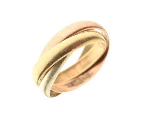 9ct three-colour gold 'Russian' wedding ring, formed from three interlocking three-colour gold bands, size T approx, 6.8g app