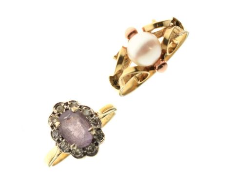 Amethyst and diamond cluster ring, the yellow metal shank stamped '18ct', size I approx, 2.6g gross approx; together with a c