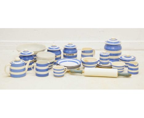 Collection of T. G. Green &amp; Co. Cornishware, mid 20th century and later, to include mixing bowl, rolling pin, pestle and 