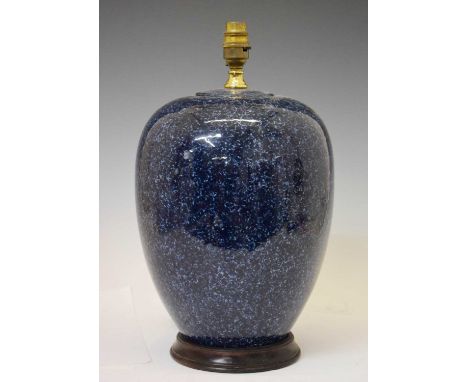 Large modern ceramic blue glaze table lamp on turned wooden base, 33cm high (ex.fitting)