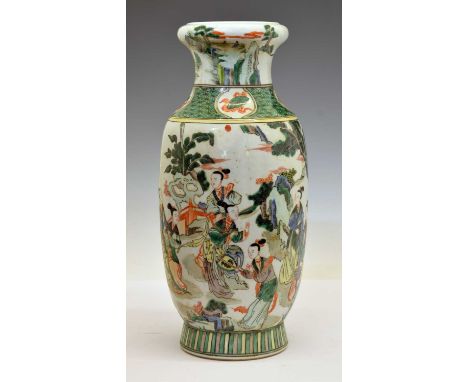 Chinese Canton Famille Verte porcelain 'garlic mouth' vase, the everted and folded neck decorated with a landscape scene, ove