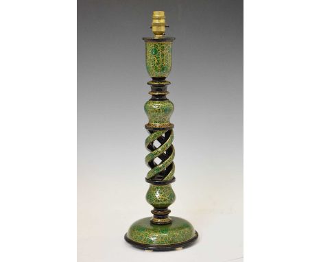 Kashmiri lacquer lamp base of open twist candlestick form, of recent manufacture, with gilded and painted floral decoration, 