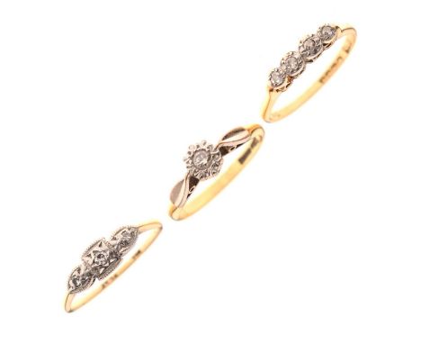 Three illusion set gold rings comprising an 18ct gold four-stone diamond ring, hallmarks for H.S, Birmingham, 1926, size N½ a