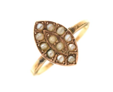 Victorian seed pearl marquise-shaped 18ct gold ring, hallmarks for London, 1853, size M approx, 2.3g gross approx