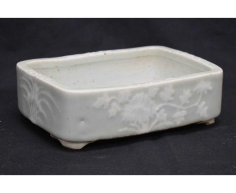 Chinese celadon porcelain bonsai planter, of rectangular footed form painted with flowering foliage, 19cm x 14cm x 6cm