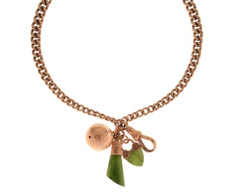 9ct gold graduated curb link watch chain with swivel clasp, and attached three various charms including a heart-shaped green 