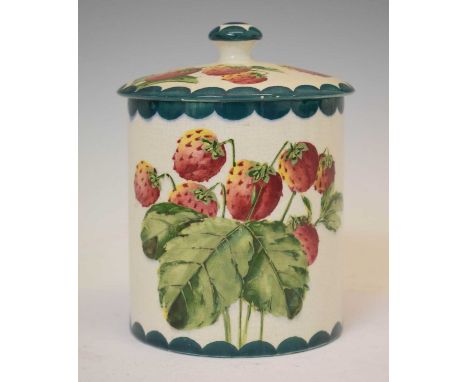 Wemyss preserve pot and cover, painted with strawberries within scallop borders, impressed marks, 16cm high overall