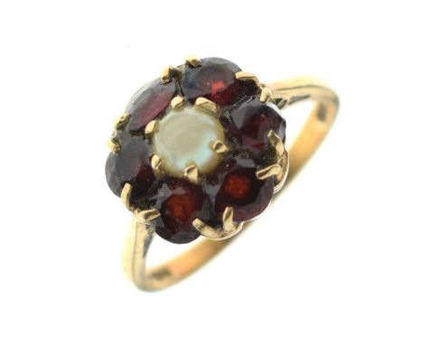 9ct gold gem-set dress ring, set pearl and red stones in a cluster, size M approx, 2.8g gross approx