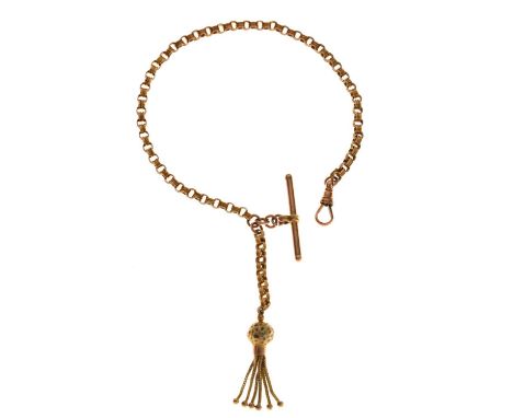 9ct gold belcher link Albert, with T-bar and tassel fob, the chain tagged '9ct', the swivel clasp stamped '9c', 21cm long app
