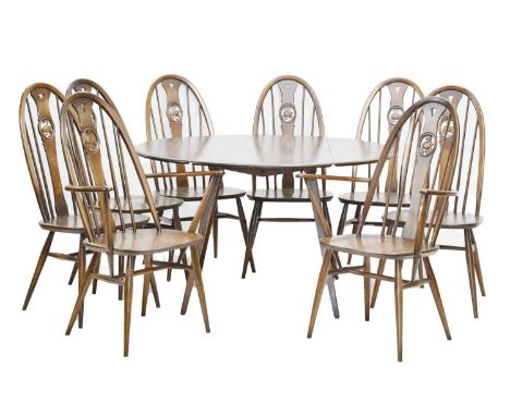 Ercol - Set of eight Windsor swan-back dining chairs, together with a drop-leaf dining table on splayed legs, 113cm x 123cm (