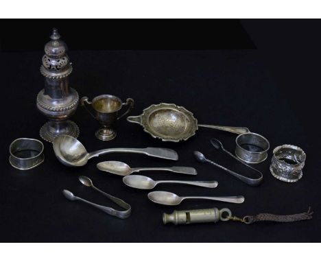 Collection of silver items to include an Edward VII silver sugar caster, London 1905, 17cm high, flatware, tea strainer, etc,