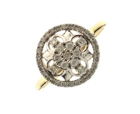 9ct gold diamond cluster ring, the central floral motif within a halo of diamonds, size Q approx, 2g gross approx