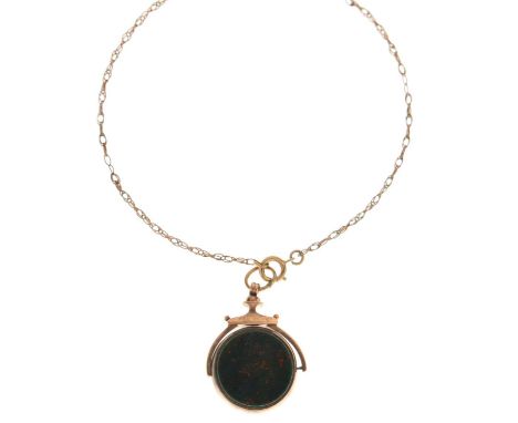9ct gold bloodstone and carnelian swivel fob, with an unmarked yellow metal fine chain, 6.7g gross approx