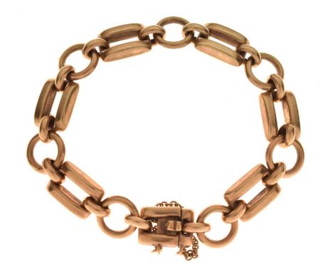 9ct gold fancy link bracelet, attached safety chain, 14.2g approx