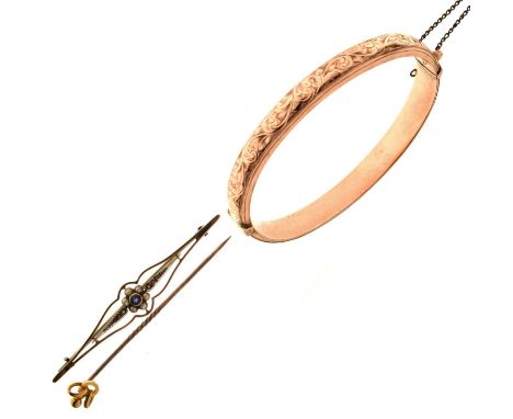 9ct rose gold hinged bangle, having foliate engraved decoration, Birmingham 1919, 8.8g approx, together with an unmarked yell