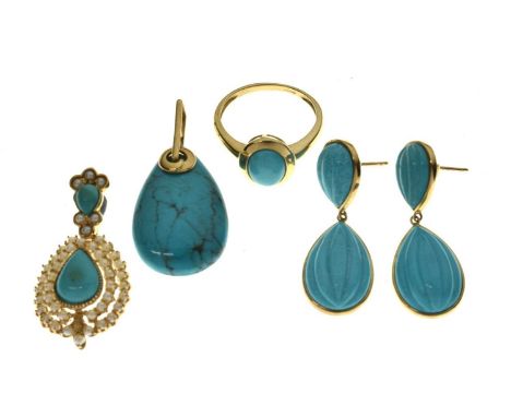 Collection of turquoise jewellery; comprising a turquoise cabochon 9ct gold ring, size P½ approx, a turquoise and seed pearl 