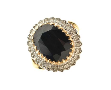 9ct gold synthetic sapphire and diamond cluster ring, size P½ approx, 5.4g gross approx