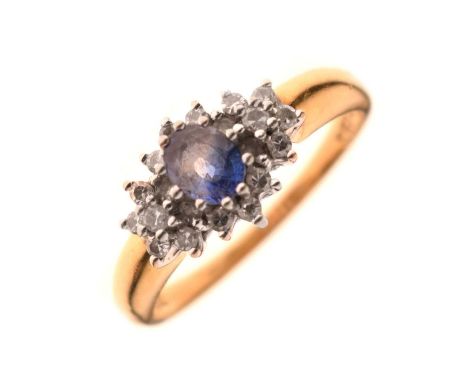 18ct gold sapphire and diamond cluster ring, size O½, 3.9g gross approx