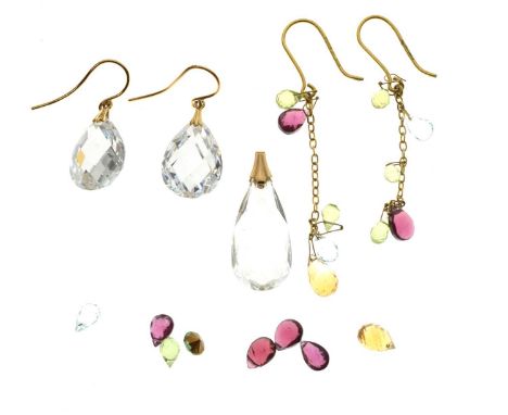 Pair of pendeloque cubic zirconia drop earrings, the hooks stamped '585', a colourless pendeloque pendant with unmarked yello